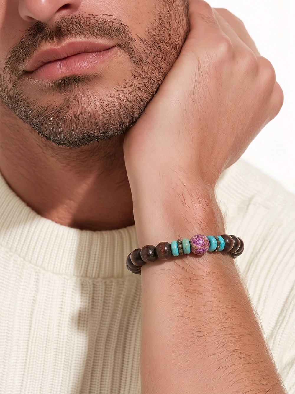 Wood Bead Bracelet Turquoise Purple Stone Stretch Bracelet Boho Spiritual Unisex